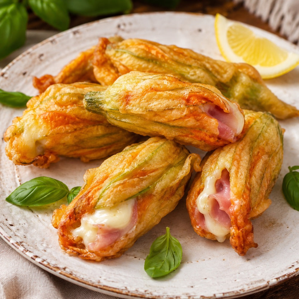 Stuffed Zucchini Flowers with Smoked Scamorza and Prosciutto Cotto
