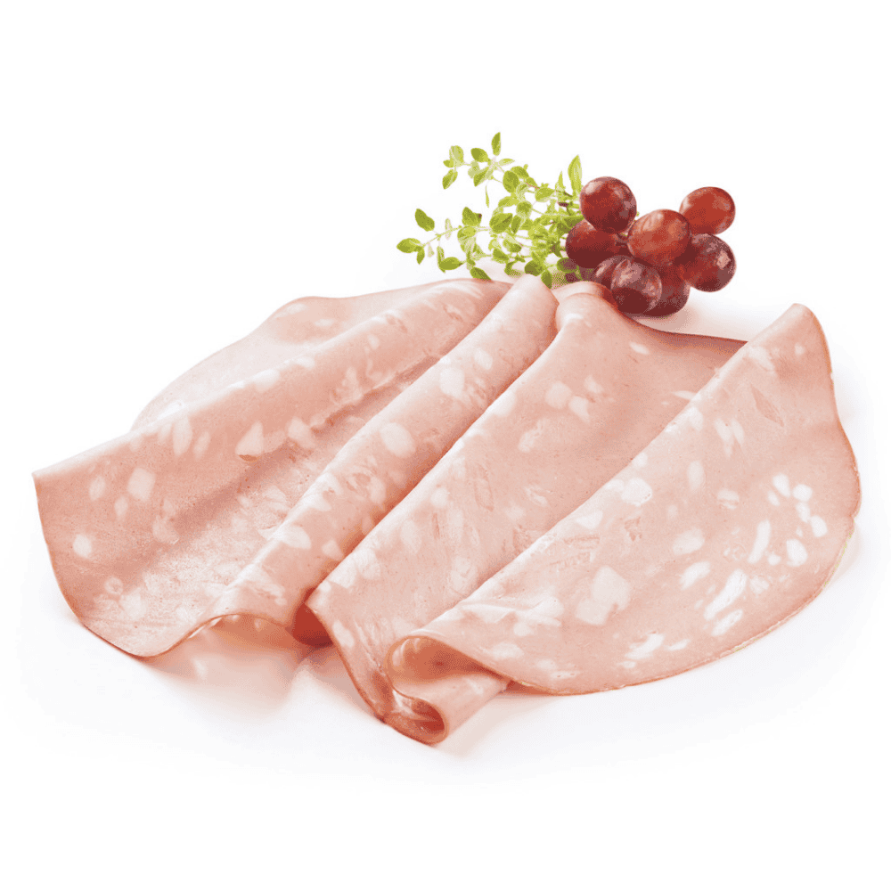 Slices of mortadella with grapes and herbs on a white background