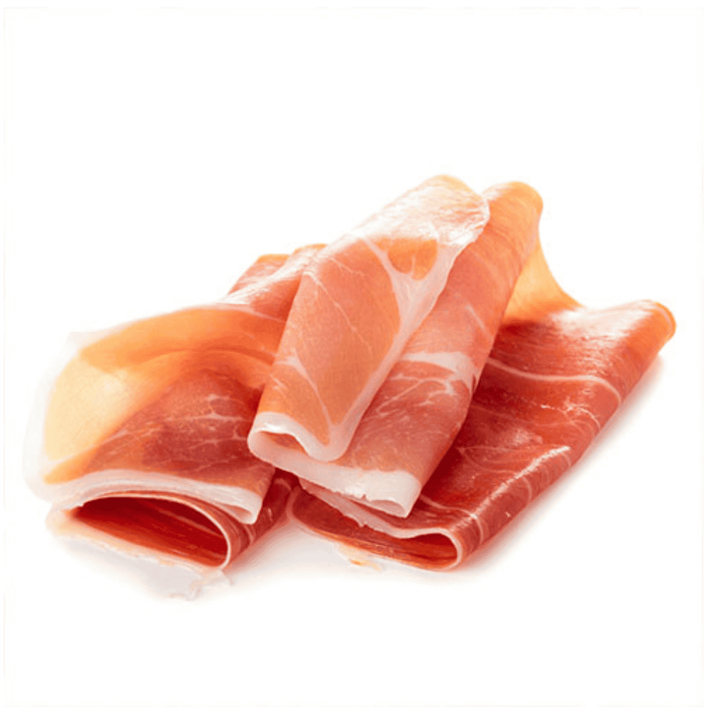 Slices of prosciutto crudo on a white background