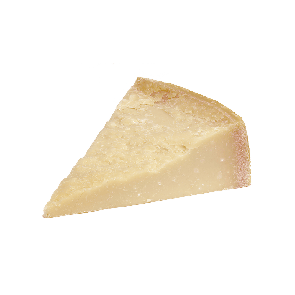 Triangle-shaped wedge of parmigiano reggiano cheese on a white background